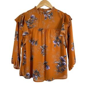 Monteau Women's Blouse Orange Floral Ruffles Lined Chiffon 3/4‎ Sleeves Size S